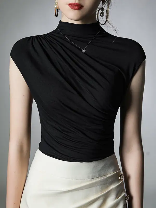 Slim Fit Pleat Detail Mock Neck T-Shirt