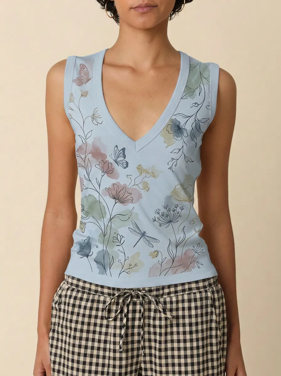 Women's Nature Lover Butterfly Dragonfly Floral Printed Tank Top