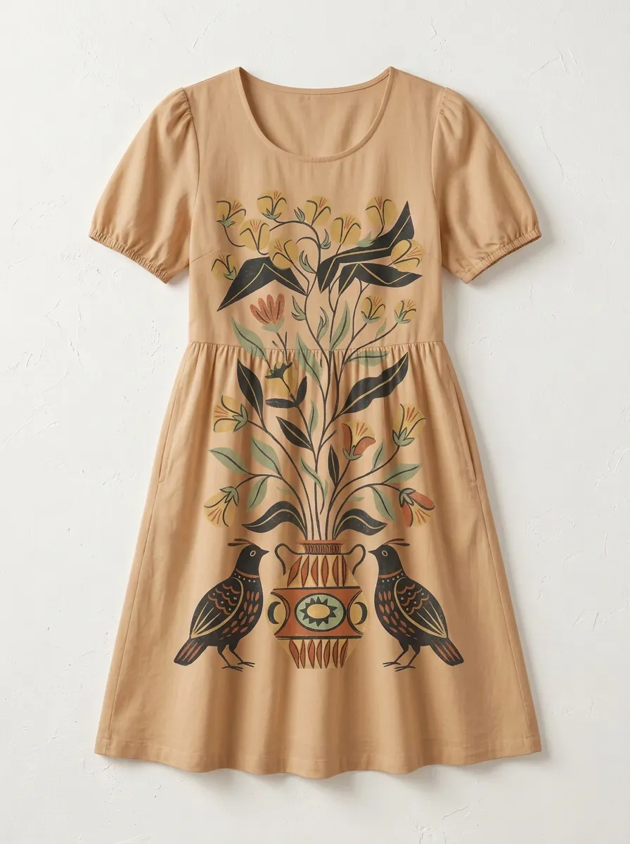 Folk Art Bird And Floral Vase Dress
