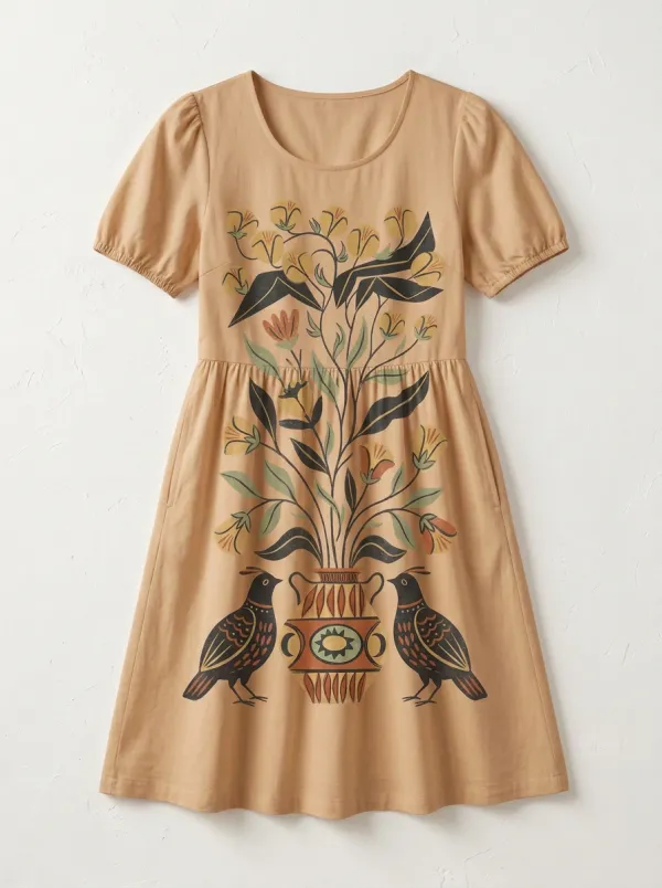 Folk Art Bird And Floral Vase Dress