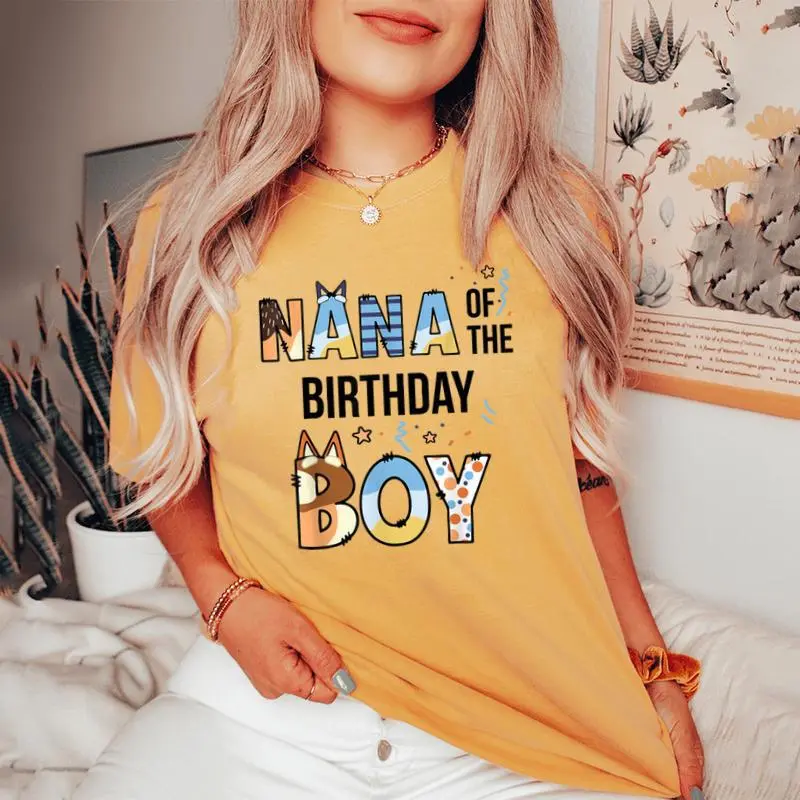 Nana Of The Birthday Boy Party Blue Dog Lover Matching Women's Oversized Comfort T-shirt