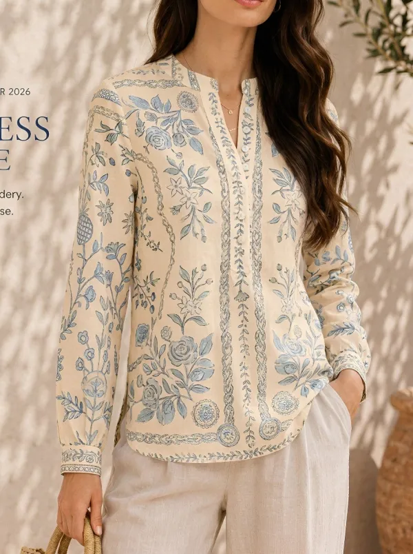 Women's Vintage Floral Botanical Printed Button-Up Blouse