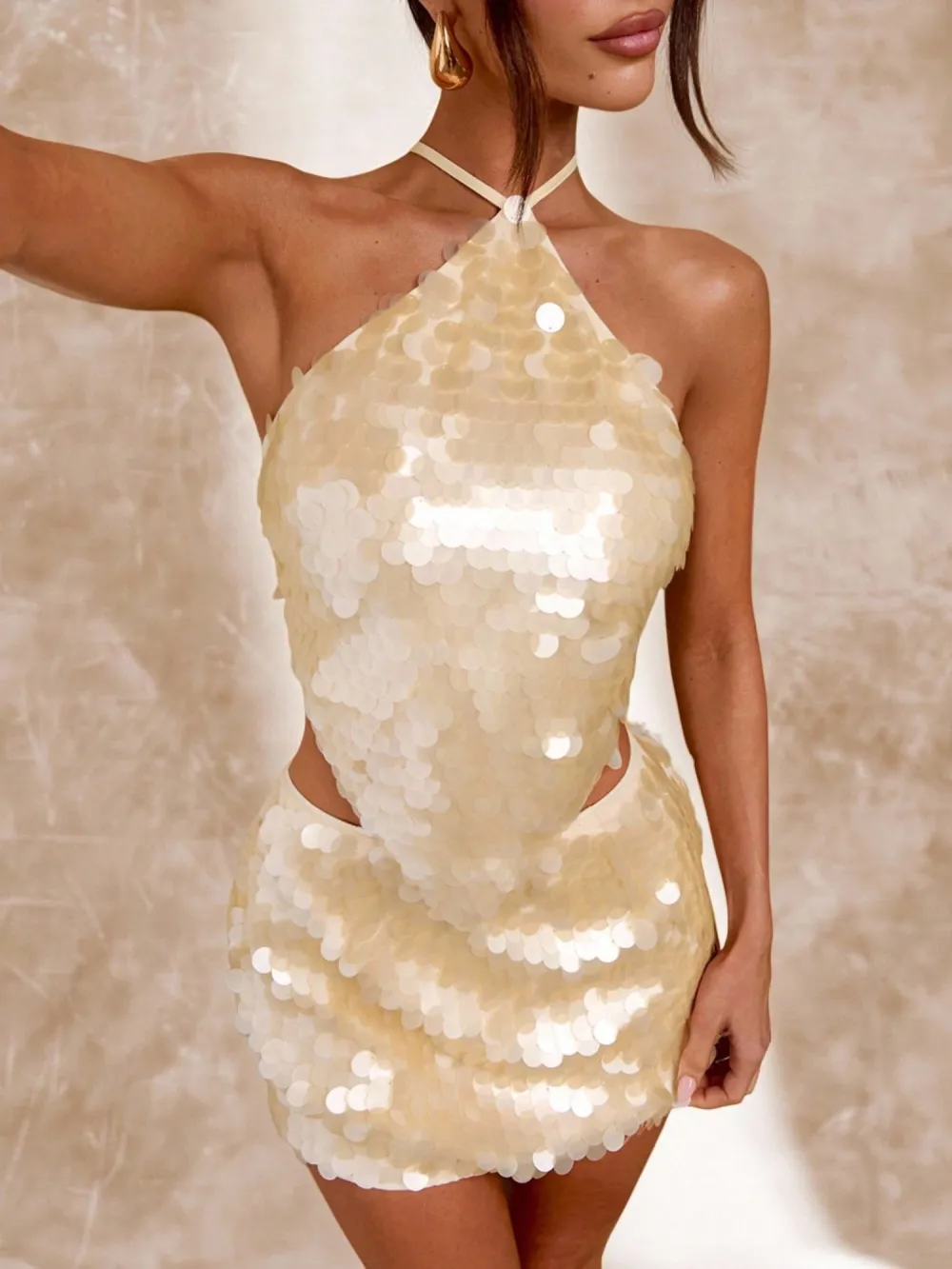 Sienna Paillette Halter Two Piece Mini Skirt Set in Gold