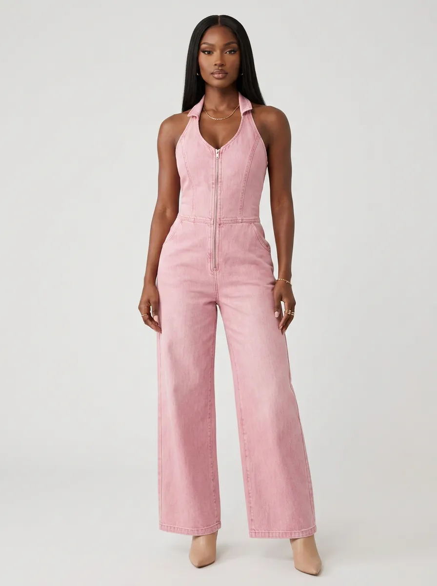 Pink Casual Halter-Neck Zip-Front Denim Jumpsuit