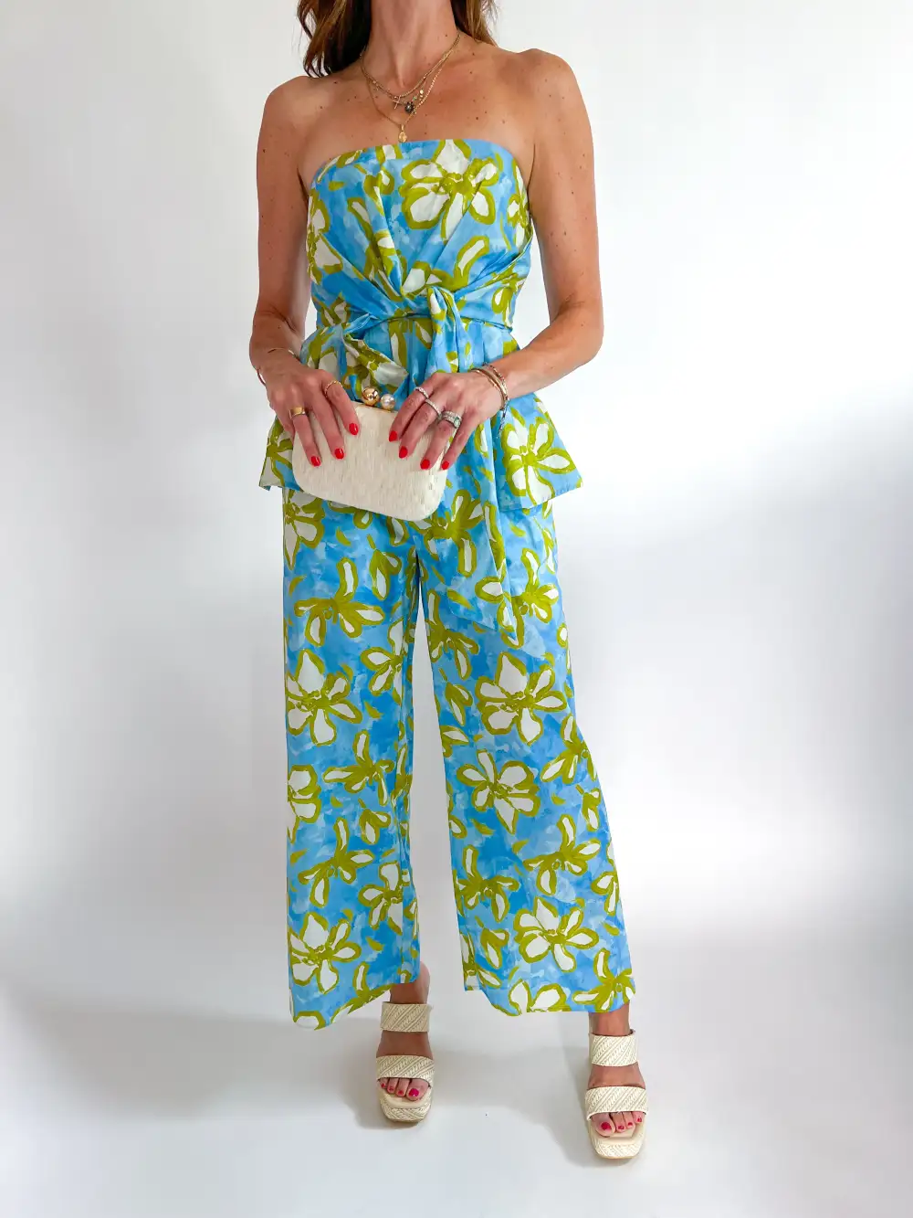 Floral Peplum Strapless Top And Pants Set