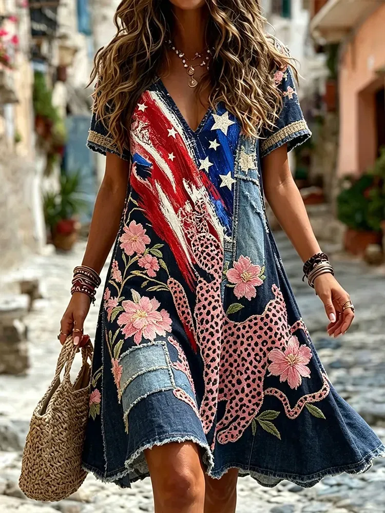 Women'S American Flag & Leopard Embroidered Print V-Neck Dress