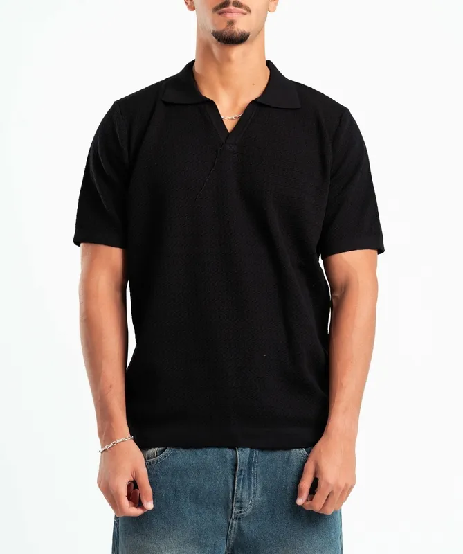 Black Wavy Texture Knit Polo