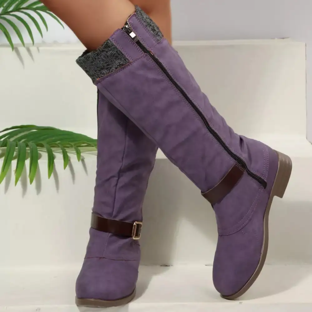 Ruffled Round Toe Block Heels Boots