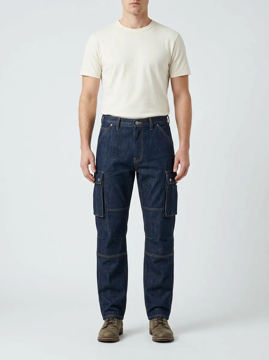 Men's Dark Denim Multi-Pocket Utility Cargo Jeans