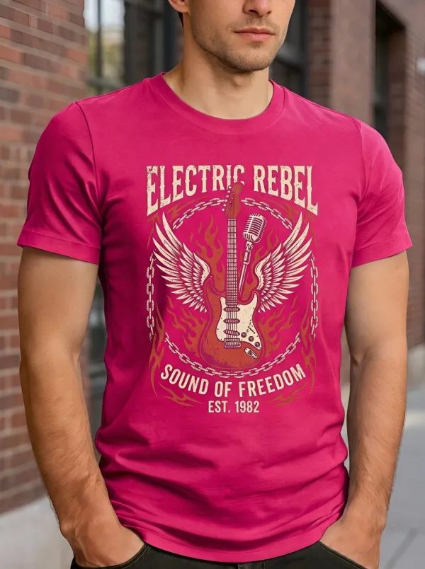 Men's Rock Music Electric Guitar Wings Printed T-shirt