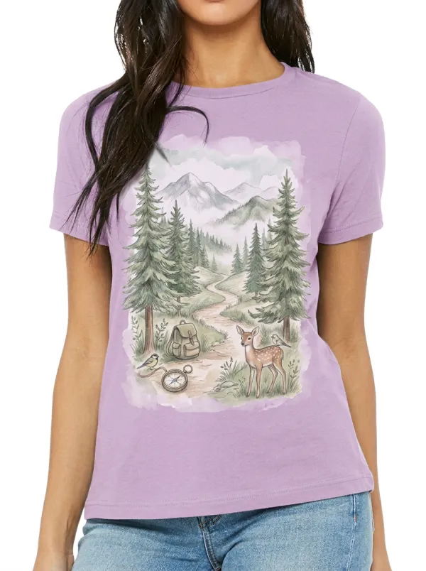 Women's Nature Hiking Deer Mountain Compass Printed T-shirt