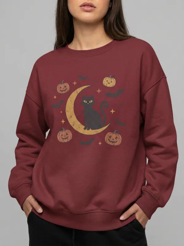 Women's Halloween Cat Moon Pumpkin Bats Printed Sweatshirt