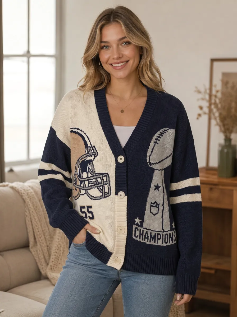Women's Athletic Inspired Gridiron Helmet Trophy Knit Cardigan