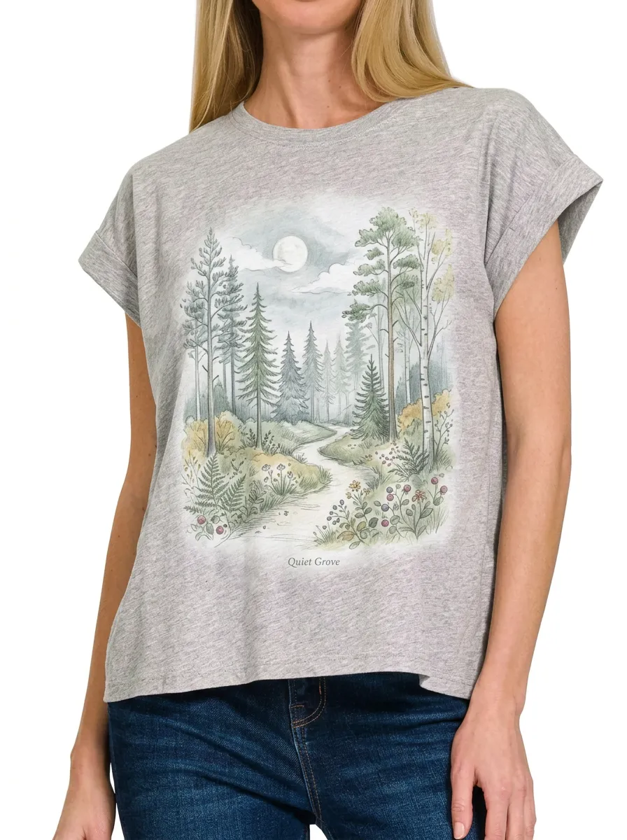 Women's Nature Lover Forest Moon Path Printed T-shirt