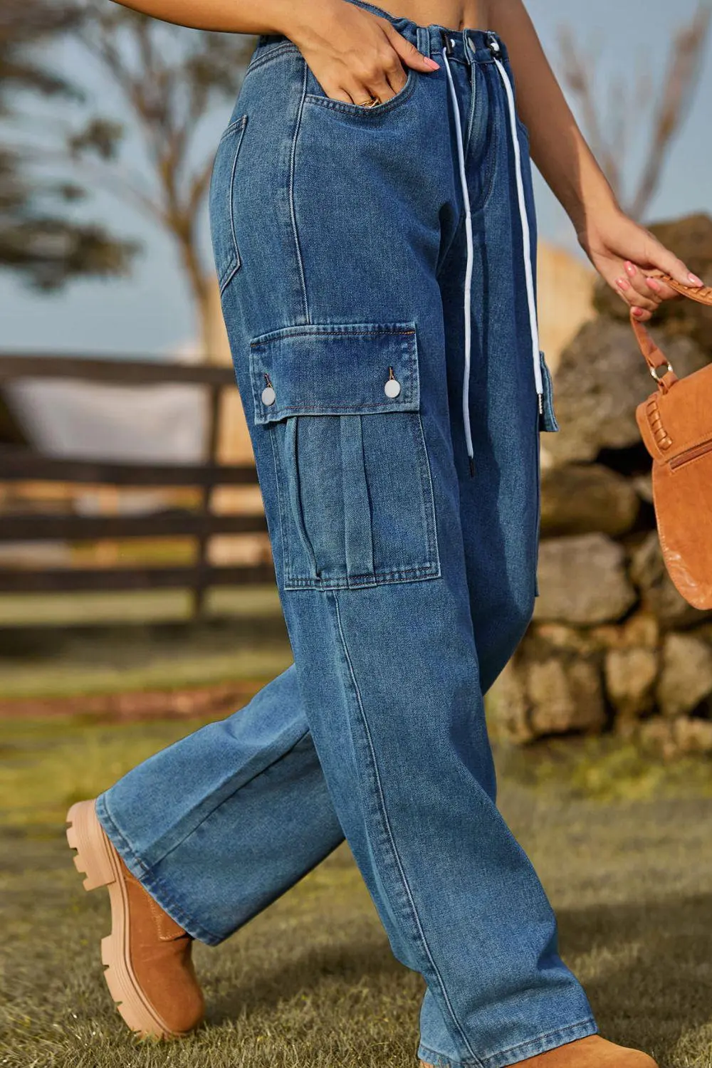 Loose Fit Drawstring Pocket Denim Jeans