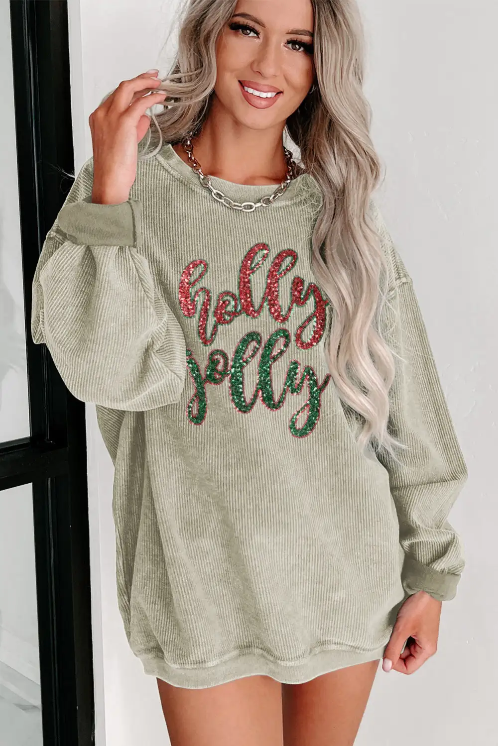 Sequined Holly Jolly Graphic Corded Sweatshirt