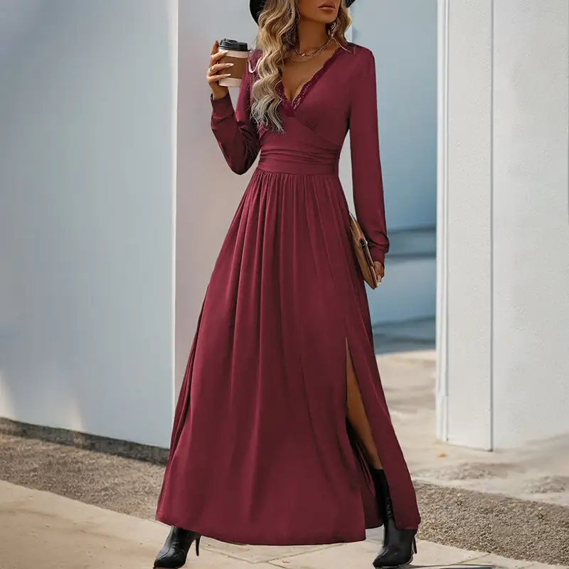 Women's V-Neck Long-Sleeve Slit Bridal Maxi Dress