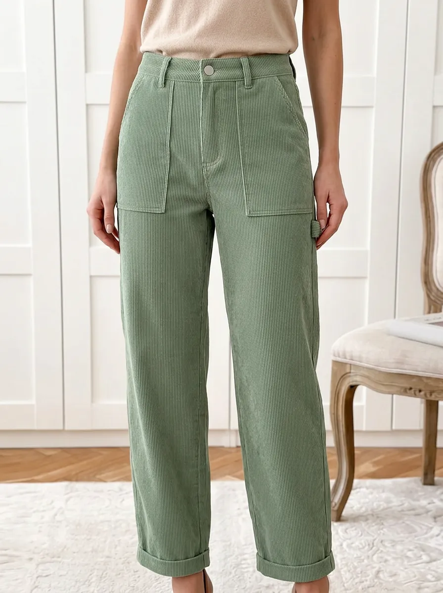 Women's Casual Sage Green Corduroy Patch Pocket Trousers
