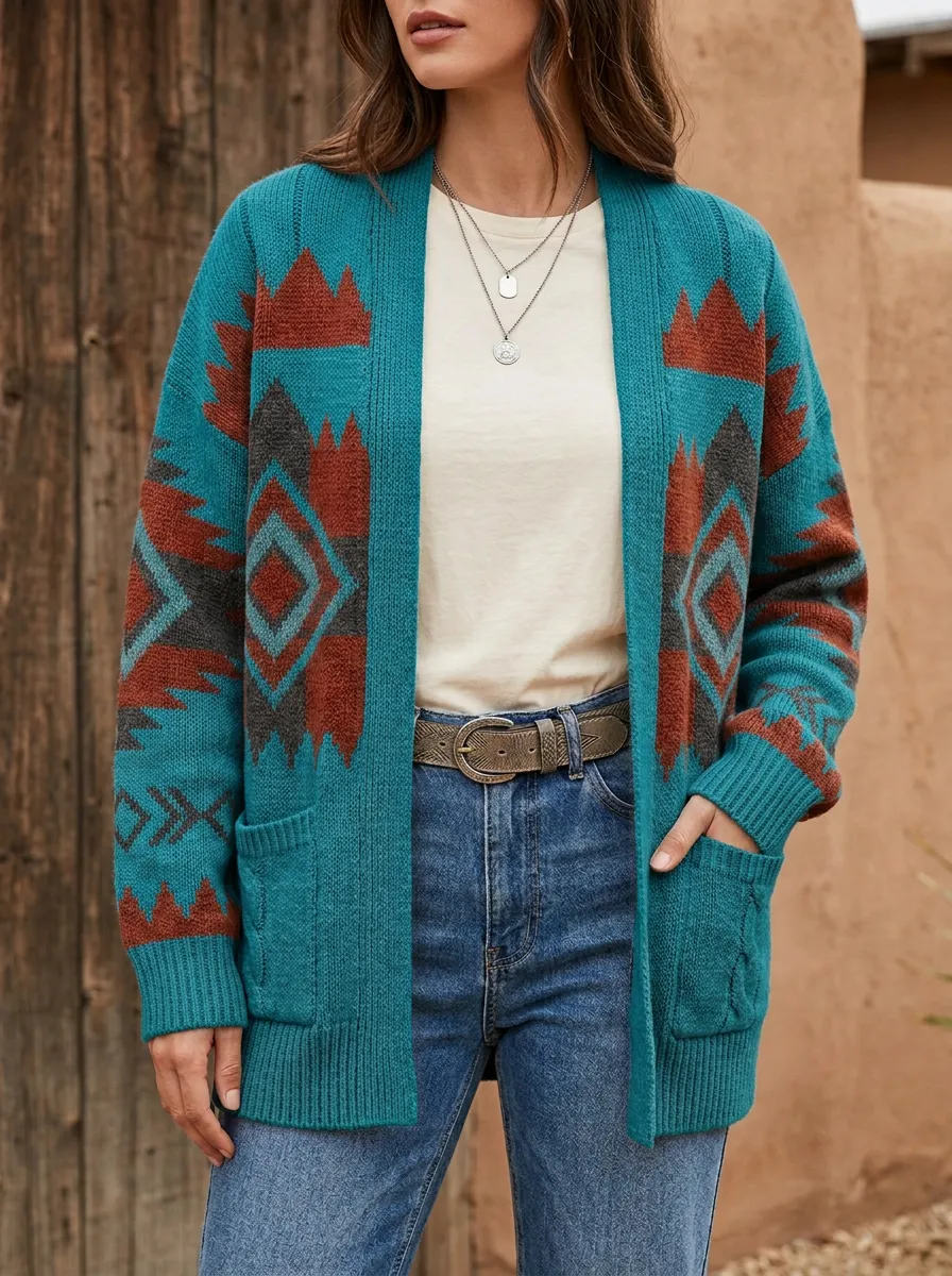 Women's Western Style Geometric Pattern Knitted Cardigan Sweater
