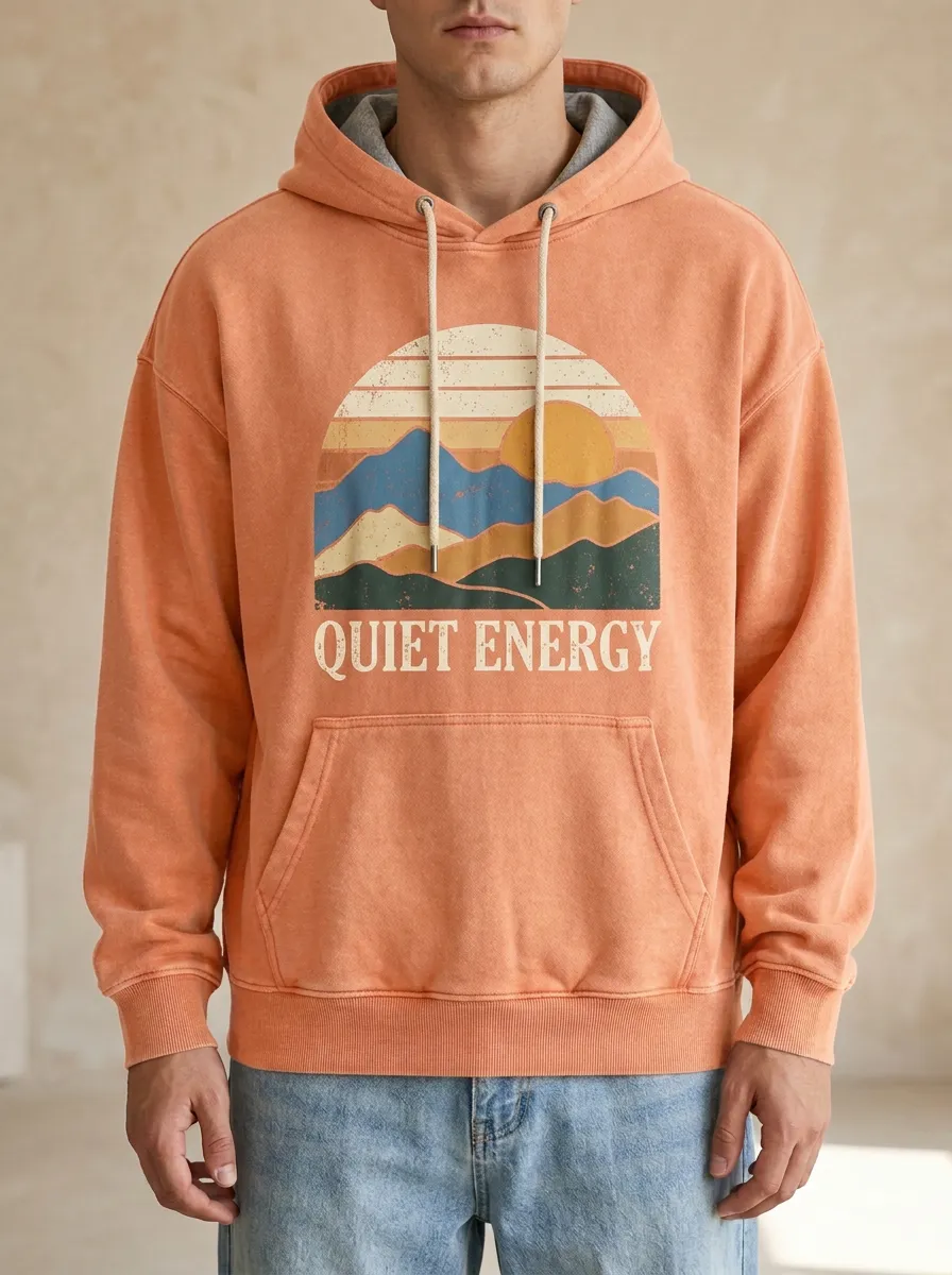 Unisex Quiet Energy Retro Mountain Sunset Print Hoodie