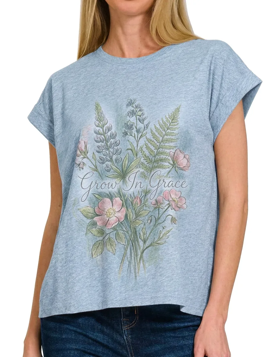 Women's Grow In Grace Floral Bouquet Printed T-shirt