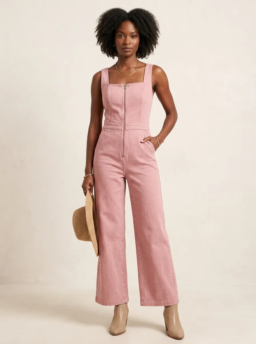 Pink Relaxed Sleeveless Zip-Front Denim Jumpsuit