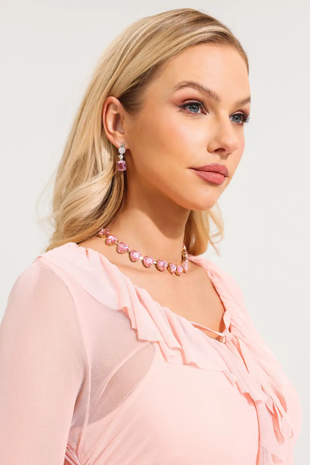 Stud Heart Shape Faux Pink Crystal Necklace