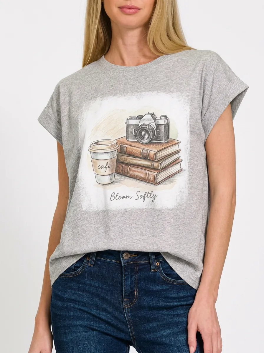 Women's Photography Coffee Book Lover Printed T-shirt