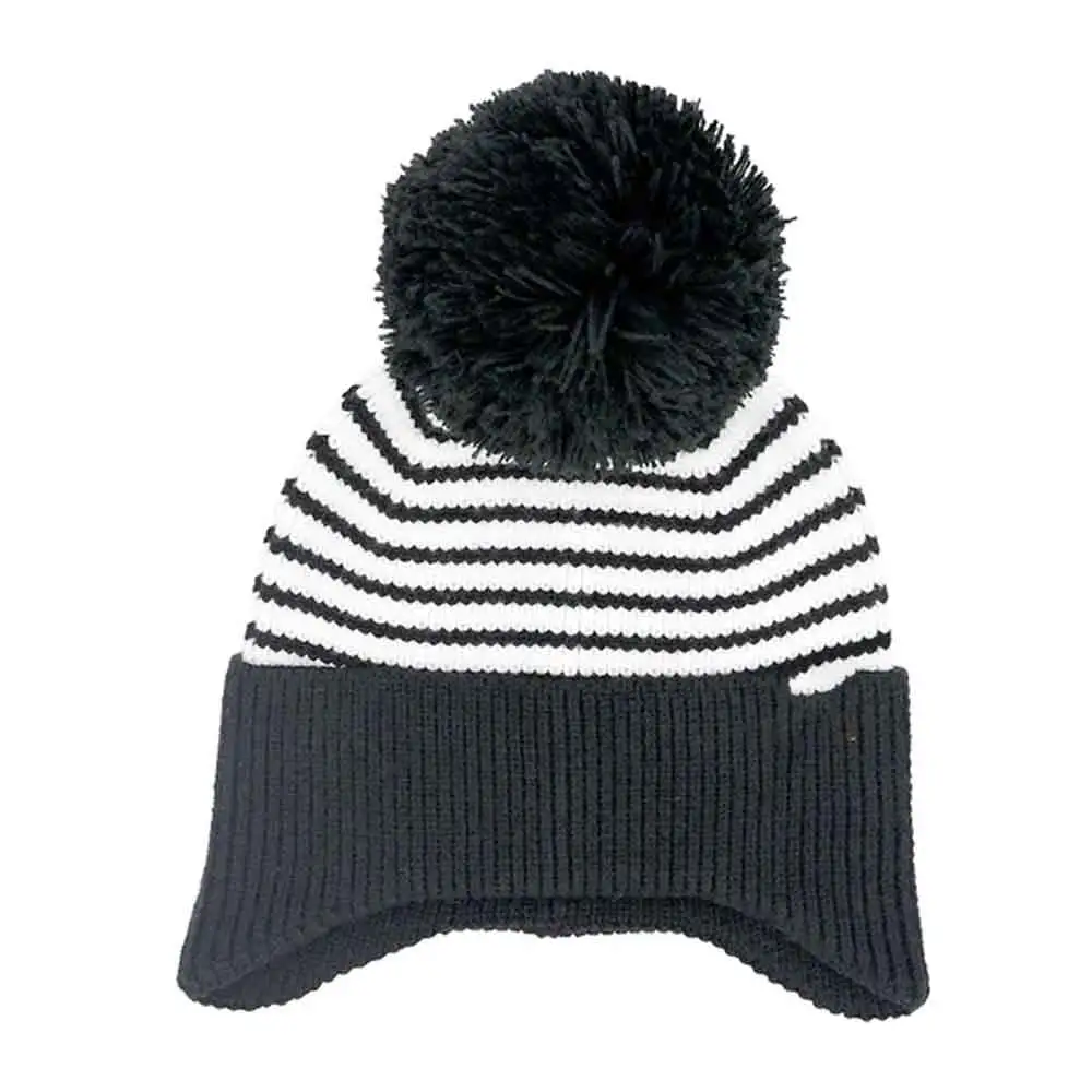 Stripe Earflap Yarn Pom Beanie
