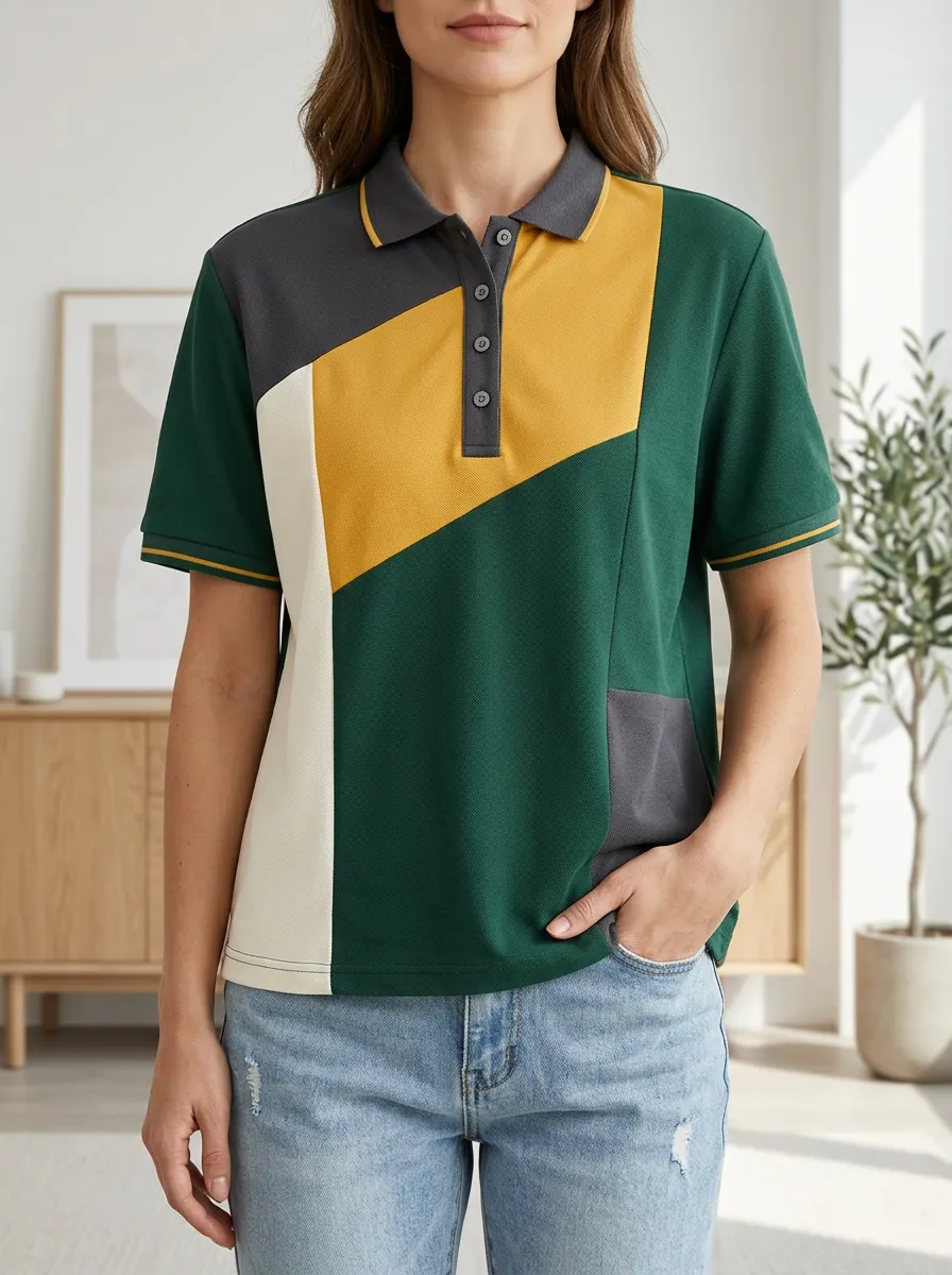 Women's Modern Color Block Geometric Polo Shirt