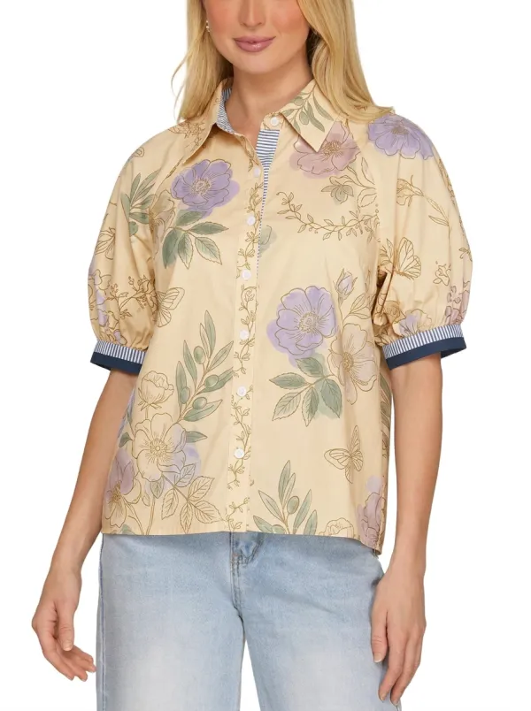 Women's Floral Butterfly Botanical Printed Puff Sleeve Shirt
