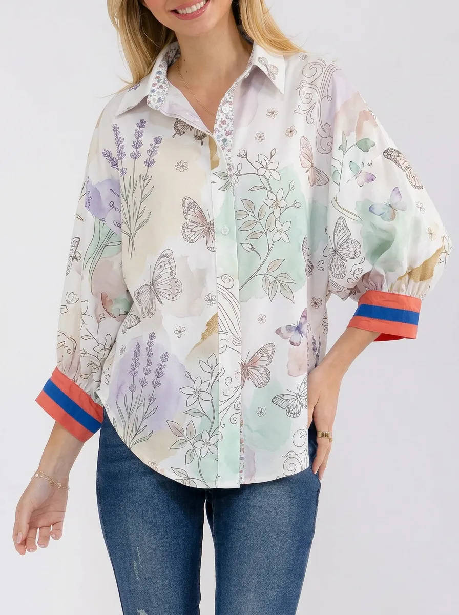 Women's Butterfly Lavender Floral Printed Button-Down Shirt