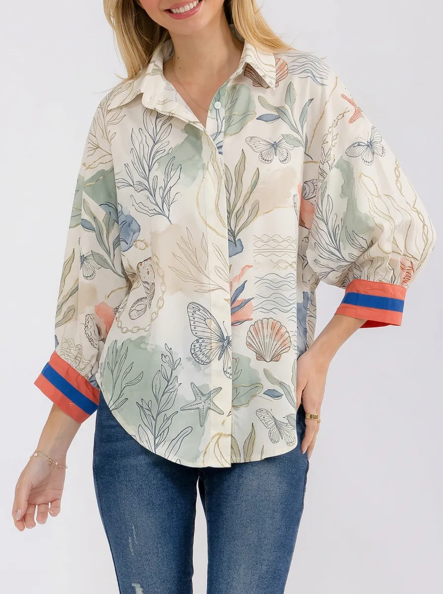 Women's Coastal Butterfly Seashell Printed Button-up Shirt