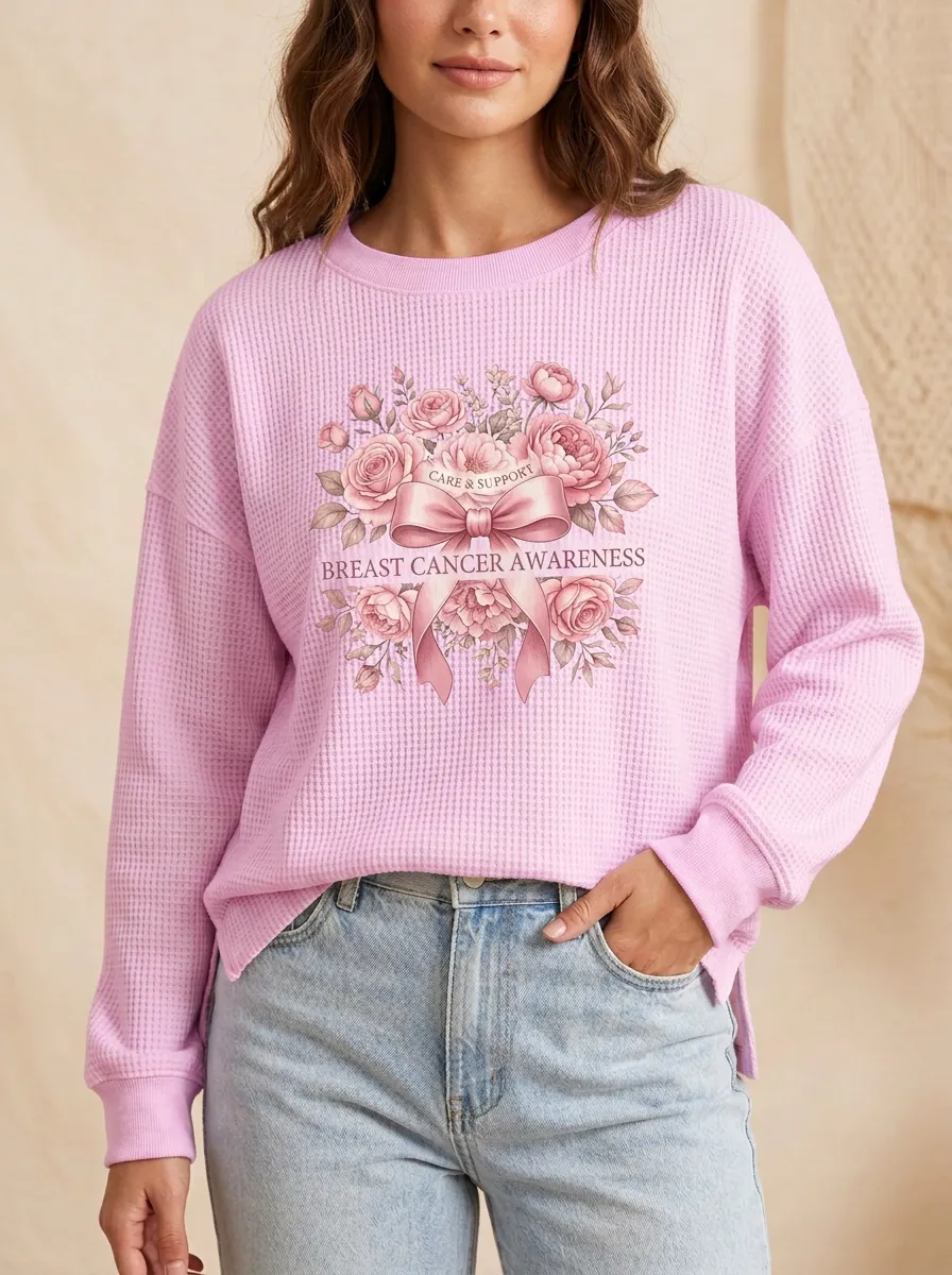 Graceful Ribbon Women's Breast Cancer Awareness Waffle Sweatshirt