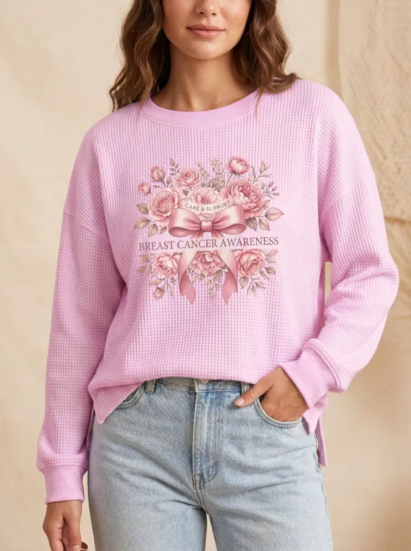 Graceful Ribbon Women's Breast Cancer Awareness Waffle Sweatshirt