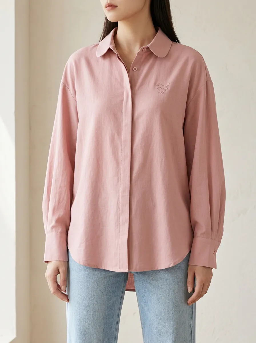 Women's Minimalist Bird Embroidery Pink Long Sleeve Shirt