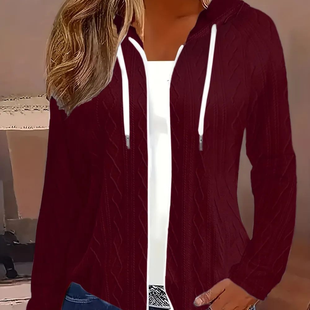 Cable Knit Drawstring Hooded Sweater Casual Long
