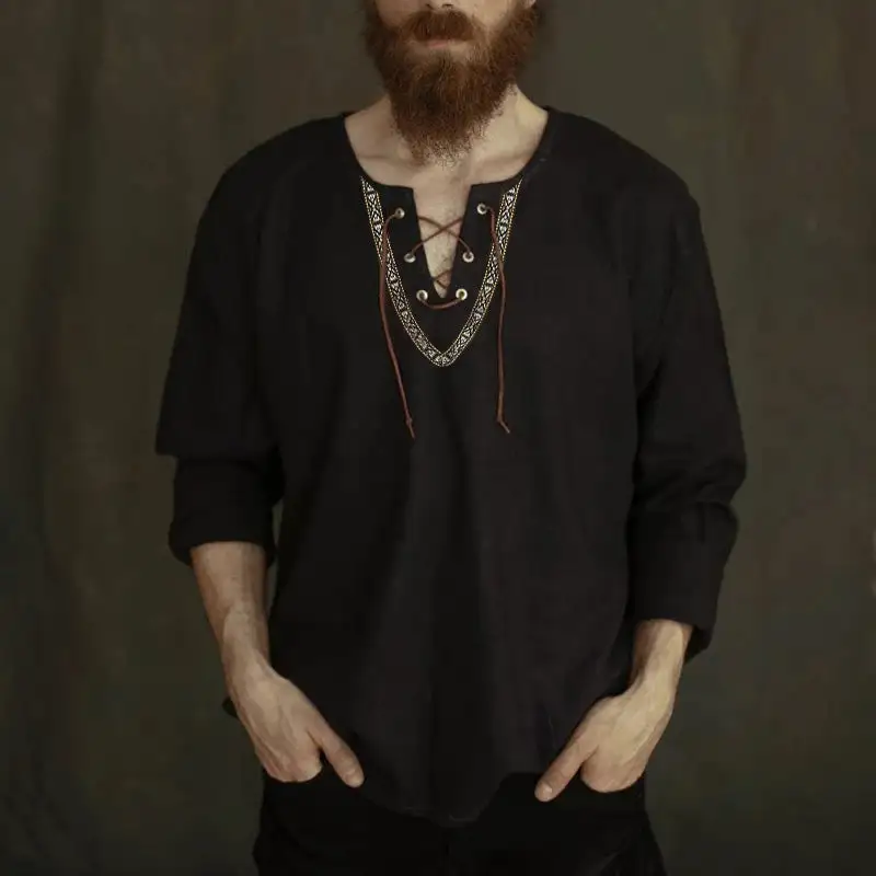 Men's Linen Tunic Shirt With Lacing And Ethnic Border