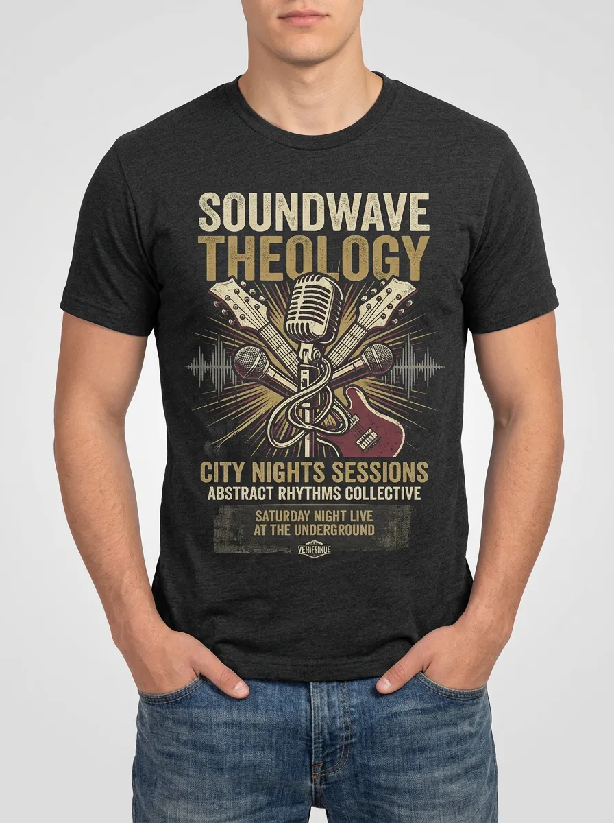 Men's Music Lover Vintage Guitar Microphone Soundwave Printed T-shirt