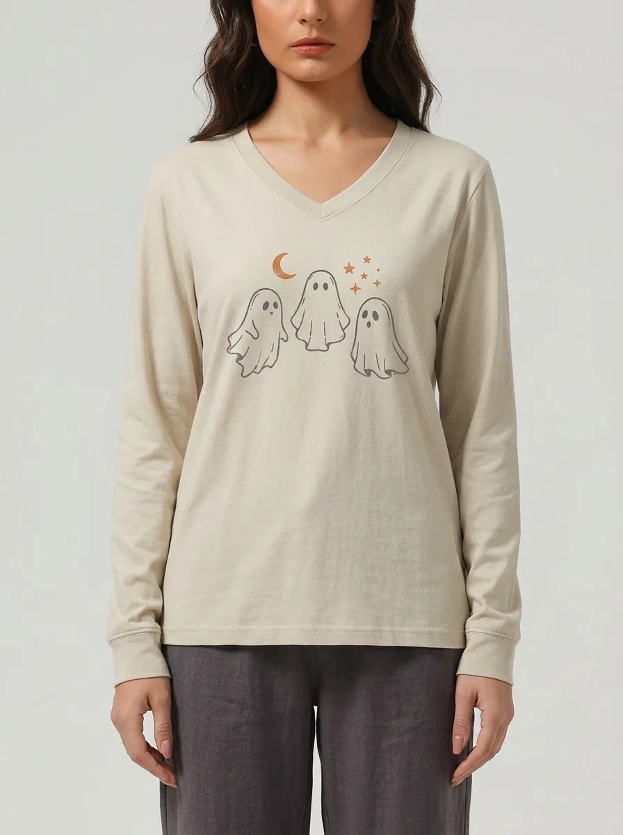 Women's Halloween Ghost Moon Stars Printed V-neck Long Sleeve T-shirt