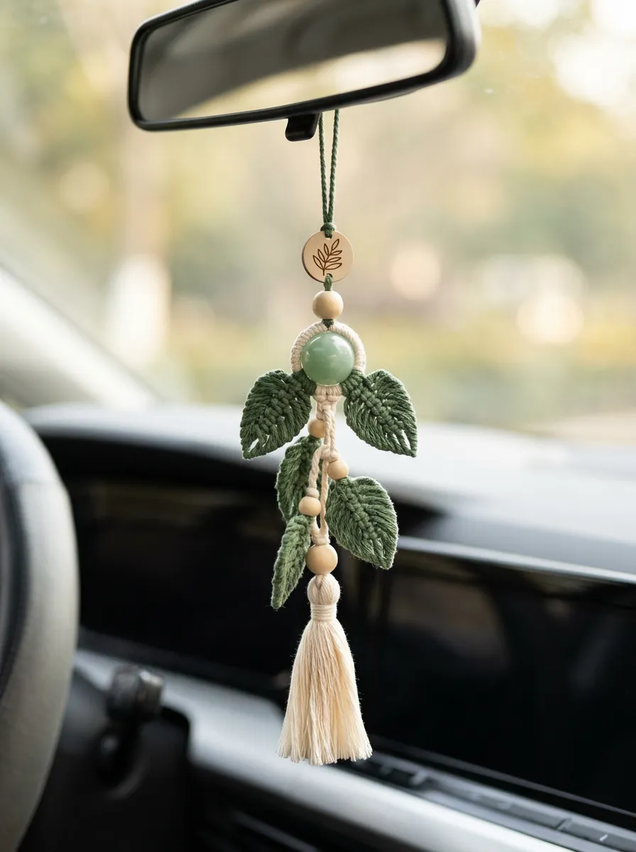 Modern Macrame Plant Rearview Mirror Hanging Ornament