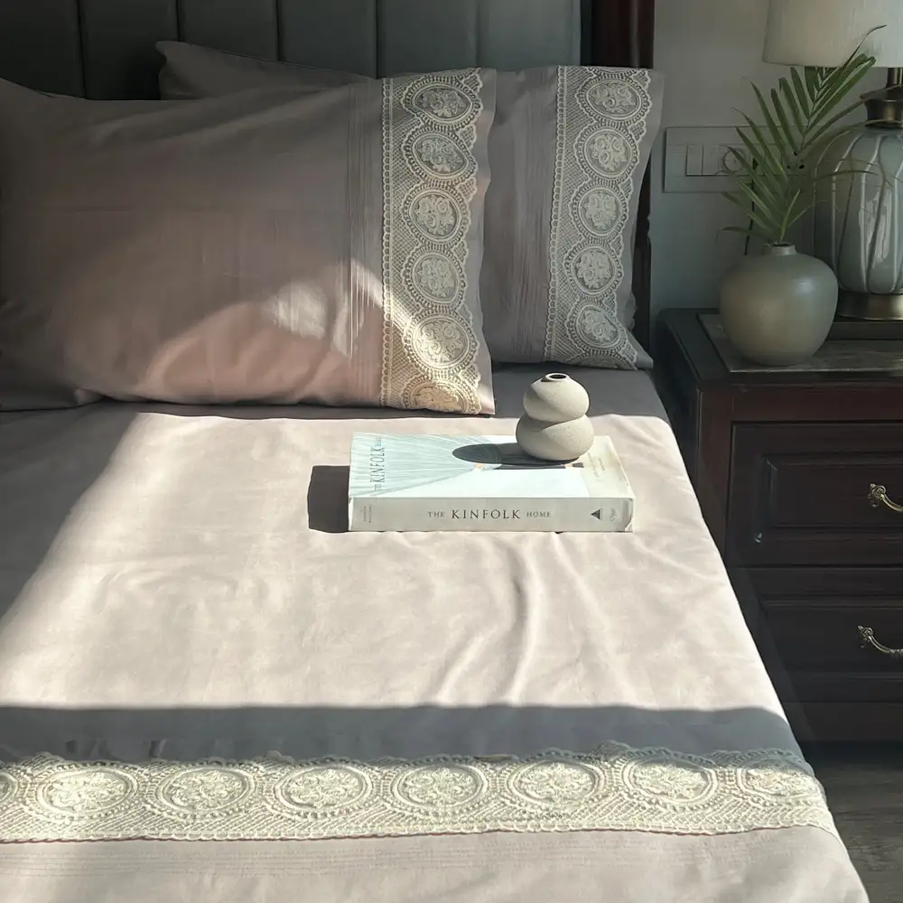 Mocha Cotton Embroidered Lace Bed Sheet Set