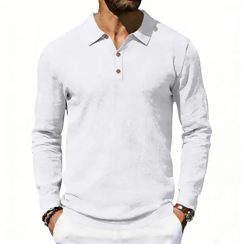 Men's Long-Sleeve Polo Shirt Cotton Gauze With A Shirt Collar Three-button Placket And Relaxed Fit