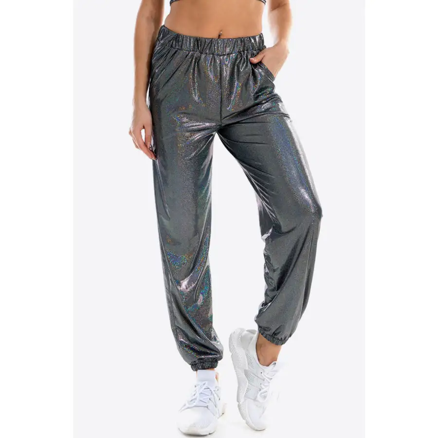 Glitter Elastic Waist Pants with Pockets