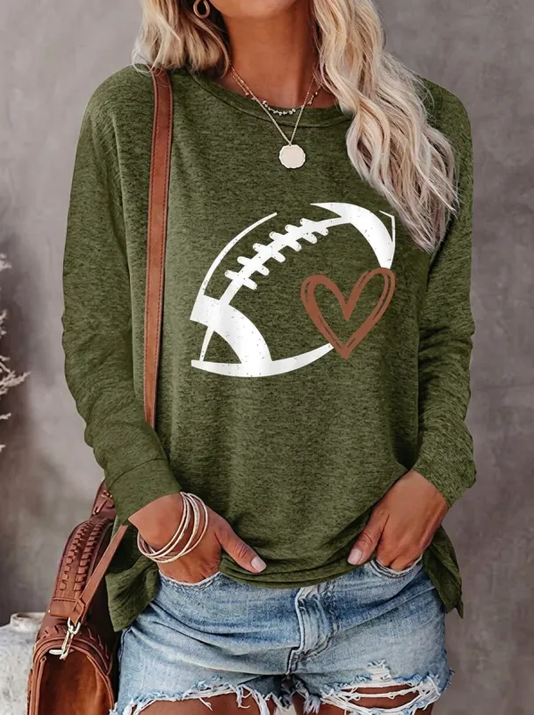 Women's Versatile Gridiron Heart Ball Love Crewneck Long Sleeve T-Shirt