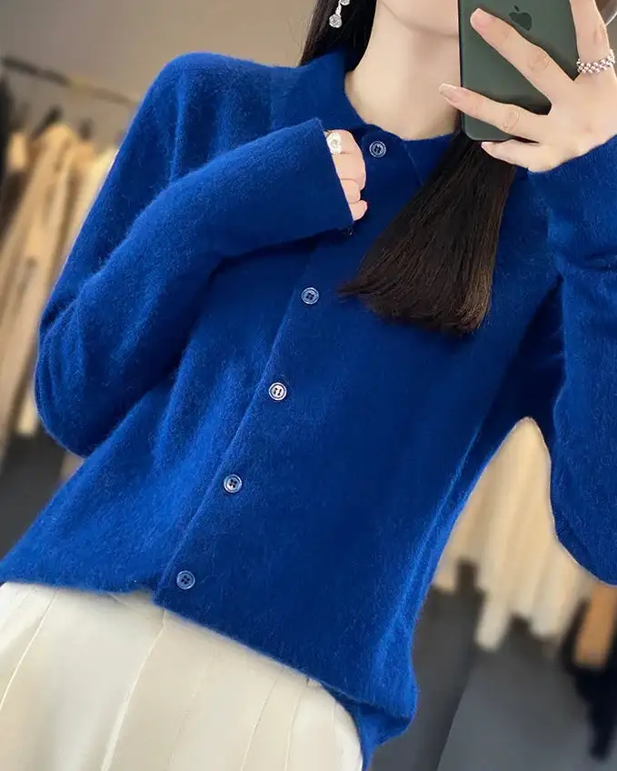Mink-Cashmere Cashmere Button-Front Polo-Collar Cardigan