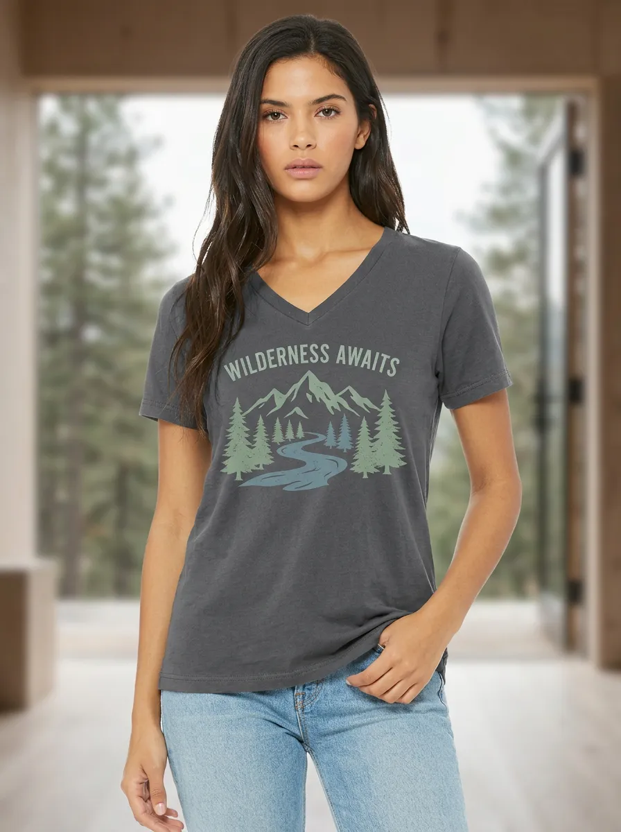 Women's Nature Hiking Wilderness Awaits Mountain Forest Printed V-Neck T-Shirt