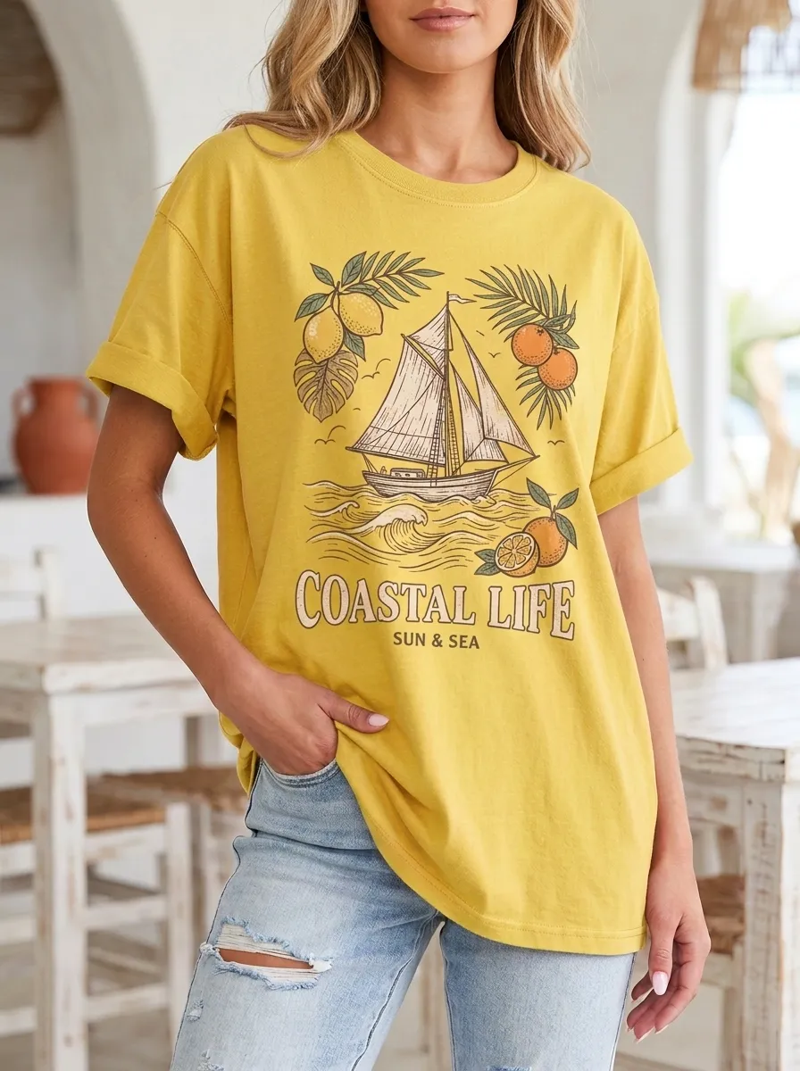 Women's Coastal Life Sailboat Lemon Orange Printed T-shirt