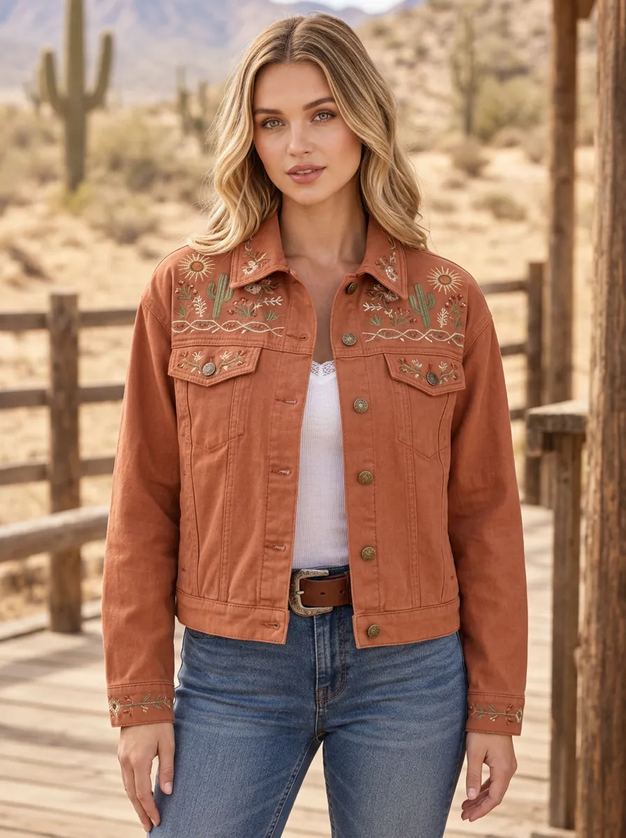 Women's Western Cactus Desert Sun Embroidered Denim Jacket
