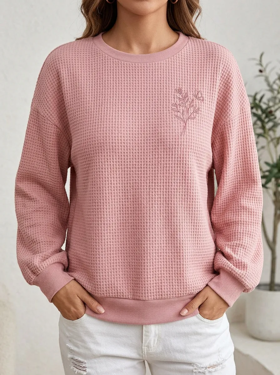 Women's Minimalist Floral Butterfly Embroidered Waffle Knit Sweatshirt